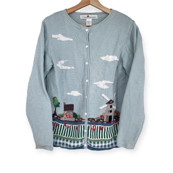 Claire Murray Sweaters - Claire Murray Cottagecore Windmill Village Soft Blue Knit Button Down Sweater S